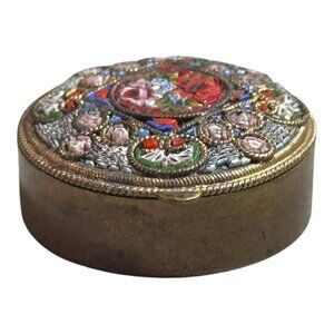 FAP Antique Rare Fabbrica Angelo Pessar Micro Mosaic Glas Trinket Pill Box Brass